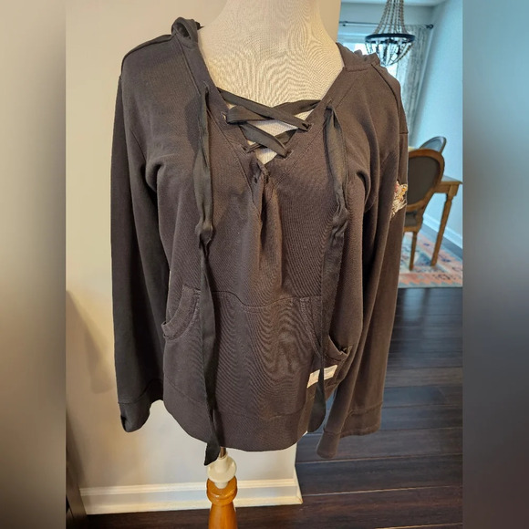 Odd Molly Size Small Dark Gray Hooded Pullover Sweatshirt Lace Up Front Comfy - Picture 1 of 11
